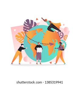 Vector illustration of big globe and tiny people traveling around the globe. Travel the world, international journey, tour agency service concept for web banner, website page etc.