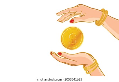 Vector illustration of big gold coin floating between hand of fortune teller girl, conjuring up, prediction, power of magic, telling future, on white, predictor of financial future or wealth concept.