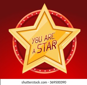 Vector illustration of big golden star in circle on red background. Art design for web, site, advertising, banner, poster, flyer, brochure, board, paper print.