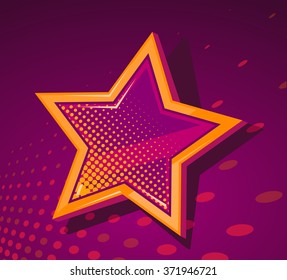 Vector illustration of big golden star with glowing spots on dark red  background. Art design for web, site, advertising, banner, poster, flyer, brochure, board, placard, card, paper print.