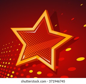 Vector illustration of big golden star with glowing spots on dark red  background. Art design for web, site, advertising, banner, poster, flyer, brochure, board, placard, card, paper print.
