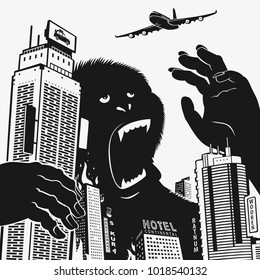 Vector Illustration Big Gorilla Monster In The Center Of The City