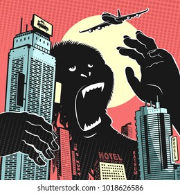 Vector Illustration Big Gorilla Monster In The Center Of The City