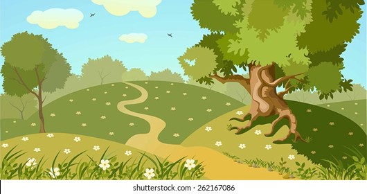 The vector illustration of the big green tree on the summer hills.