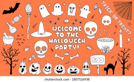 Vector illustration. Big halloween set of spooky unpainted elements isolated on orange background. Mystic theme. Hand drawn simple doodle clipart in a trendy style. For poster, banner, illustration.