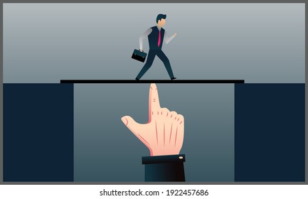 ilustración vectorial de la gran mano ayudando a un pequeño empresario, símbolo de oportunidad y desafío. Eps 10