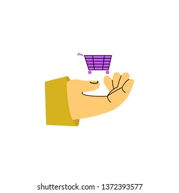 vector illustration of a big hand holding the cart on white isolated background. Men in trendy flat style and lines with big limbs.  Big Discount, black Friday, cyber Monday, sale, online shopping