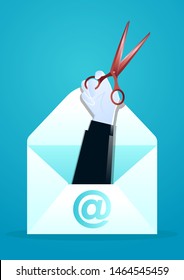 vector illustration of big hand holding scissors comes out from envelope. describe phishing scam, phishing email, spam, malware, hacker attack, thief, and web security concept