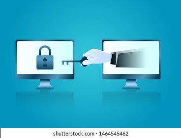 vector illustration of big hand holding a key try login into another computer. describe phishing scam, spam, malware, hacker attack, thief, and web security concept