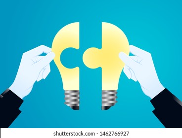 vector illustration of a big hands holding puzzle piece of light bulb. describe teamwork, solution, cooperation, target and strategy. business concept illustration