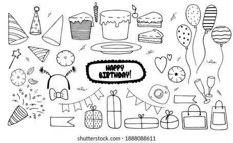 Vector illustration. Big Happy birthday set isolated on a white. Holiday decoration design elements. Hand drawn simple doodle clipart. Perfect for postcards, festive projects, banner, poster, collage 