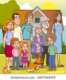 Vector Illustration of Big Happy Family Characters Stand Together, Smiling And Laughing, Radiating Love And Togetherness, With A Sense Of Belonging