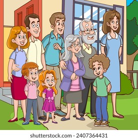 Vector Illustration of Big Happy Family Characters Stand Together, Smiling And Laughing, Radiating Love And Togetherness, With A Sense Of Belonging