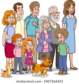 Vector Illustration of Big Happy Family Characters Stand Together, Smiling And Laughing, Radiating Love And Togetherness, With A Sense Of Belonging