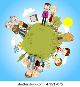 Vector illustration of big happy family and other different people standing on the world globe