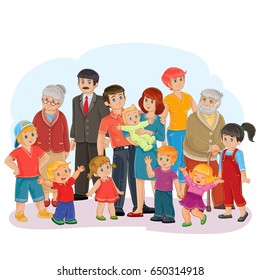 Vector illustration of a big happy family of thirteen people - great-grandfather, great-grandmother, grandfather, grandmother, dad, mom, daughters and sons - posing together