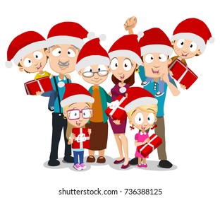 Vector illustration of big happy family in christmas hats holding christmas gifts. Family portrait in flat style isolated on white background