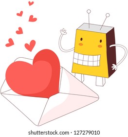Ilustración vectorial de un gran corazón en un sobre con un personaje robot