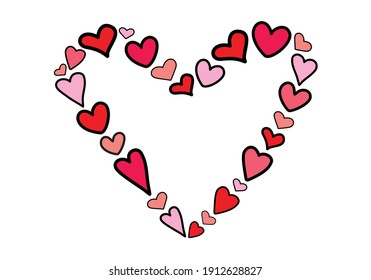 Vector illustration of a big heart shape made of the smaller hearts of different size on white background for Valentine's day postcard and other occasions.