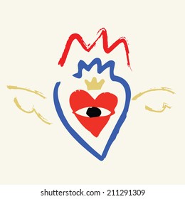 vector illustration of a big heart symbol, with an eye, a crown and wings