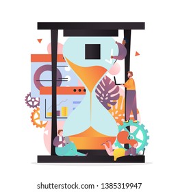Vector illustration of big hourglass and tiny people employees engaged in their work. Effective time management, deadline, scheduling concept for web banner, website page etc.