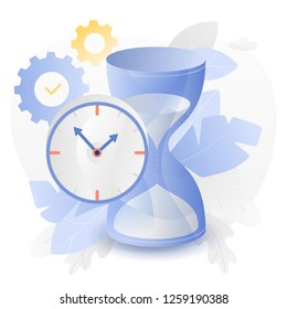 Vector illustration of a big hourglass and watch over white background surrounded by light gradiented leaves, cogwheels and clouds.