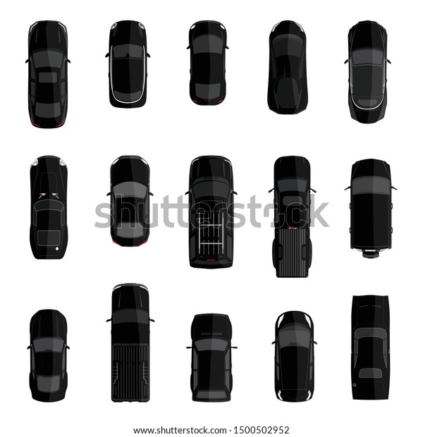 Vector illustration big icon set, collection black\
cars top view. Sport car, pickup truck, sedan, small mini car and\
offroad car