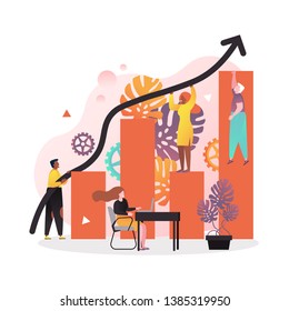 Vector illustration of big increasing bar graph and growing arrow which tiny business people trying to lift up together. Business team, coworking, scheduling concept for web banner, website page etc.