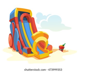 Vector illustration of big inflatable slides on playground. Picture isolate on white background