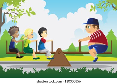 A Vector Illustration Of A Big Kid Playing See Saw With Three Little Kids, Can Be Used For Balance Concept