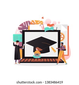 Vector illustration of big laptop with graduation cap on screen and tiny graduate with diploma, woman using laptop. Distance education, e-learning, online courses concept for web banner, website page.