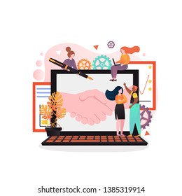 Vector illustration of big laptop with handshake on screen and tiny people characters signing contract. Business agreement, successful partnership, making a deal concept for web banner, website page.