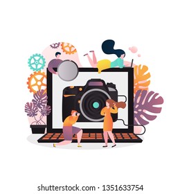 Vector illustration of big laptop with photo camera on screen, man taking photograph of young model etc. Photo studio, professional photographer services concept for web banner, website page etc.