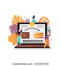 Vector illustration of big laptop with wallet and credit card on screen, customers, percentage sign, piggy bank. Internet banking, money savings, financial transaction, online deposit concepts for web