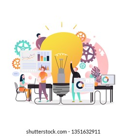 Vector illustration of big light bulb and office people discussing, proposing new business ideas. Innovation, creating new ideas, brainstorming concepts for web banner, website page etc.