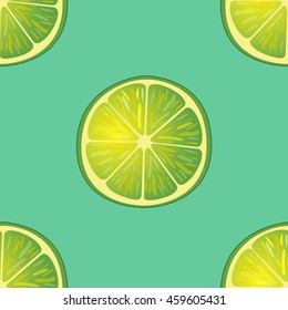 Vector illustration of big lime slices in same angles on turquoise. Pattern.