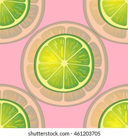 Vector illustration of big lime slices in different angles on pink. Pattern.