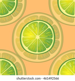 Vector illustration of big lime slices in different angles on orange. Pattern.