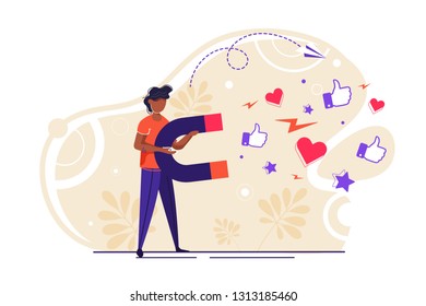 Vector illustration of a big magnet attracts likes, good reviews, rating 