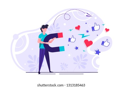 Vector illustration of a big magnet attracts likes, good reviews, rating 