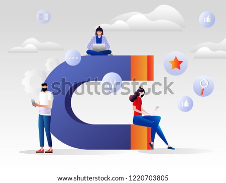 Vector illustration of a big magnet attracts likes, good reviews, rating, online customers.  Customer retention strategy, digital inbound marketing. Characters design