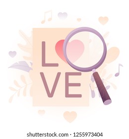Vector illustration of a big magnifying glass heart in crown over white background. A modern concept of Valentine greeting and dating online.