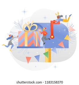 Vector illustration of Big mail box, gift box and tiny multi-colored people. New Year template for cards, invitations, banners, decorations, and more holidays purposes.