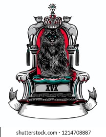 Vector illustration of big Maine Coon black cat sitting on throne.