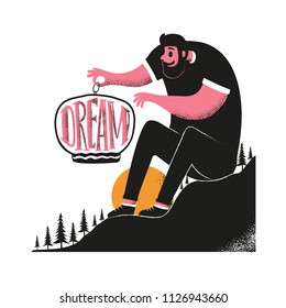 Vector illustration with big man sitting on the hill and little florarium or terrarium with pink word DREAM. Inspirational typography poster