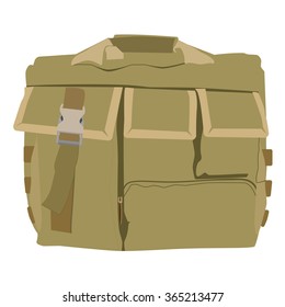 Vector illustration big military, army, camouflage bag with many pockets. Tourist camping, hiking backpack