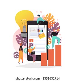 Vector illustration of big mobile phone with statistical dashboard on screen, light bulb and people shouting through megaphone, texting messages. Using mobile website, mobile app for business concept.