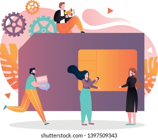 Vector illustration of big mobile phone SIM card and tiny people with megaphone, smartphone. Mobile phone network, wireless communication concept for web banner, website page etc.
