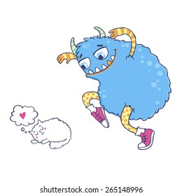 Vector illustration. Big monster catches the cat.