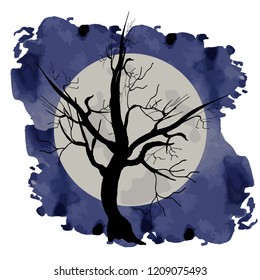 Vector illustration of a big moon night dark blue halloween tree